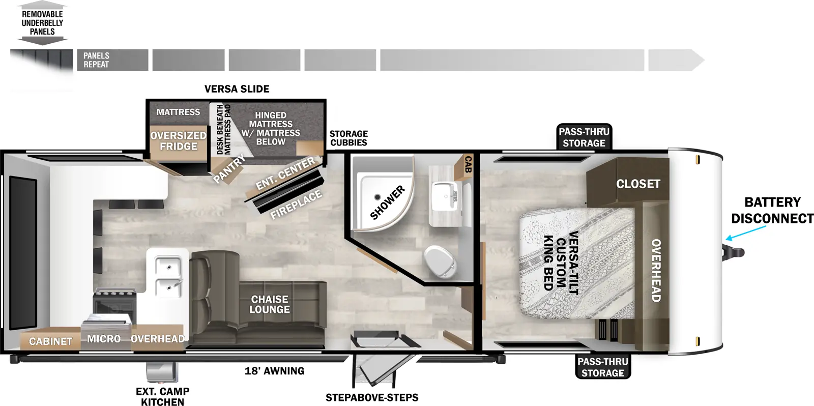 The X-Lite 24VIEW floorplan has one entry and one slide out. Exterior features include: fiberglass exterior, 18' awning and outside kitchen. Interiors features include: bunk beds, rear kitchen and front bedroom.